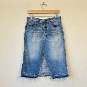 WE THE FREE Midi Jean Skirt Blue Denim Frayed Button Fly Slit Y2K